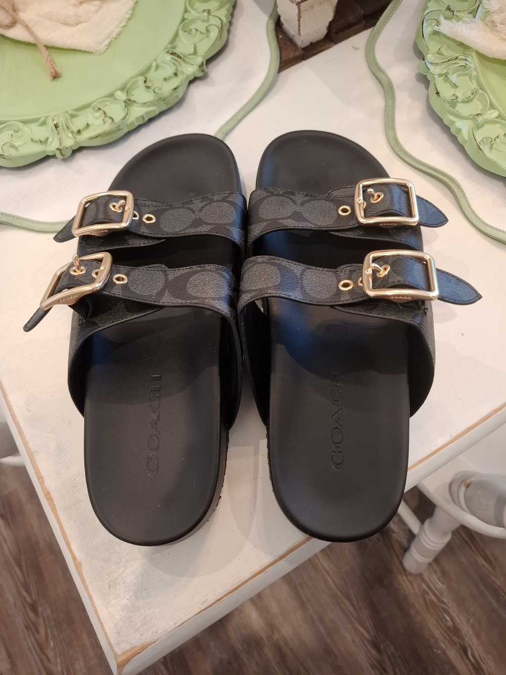 Coach Black Logo-Print Double Buckle Slide Sandals - Picture 3 of 3